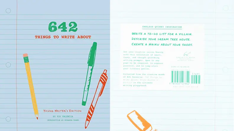 Blue front and back cover of a writing prompt book.