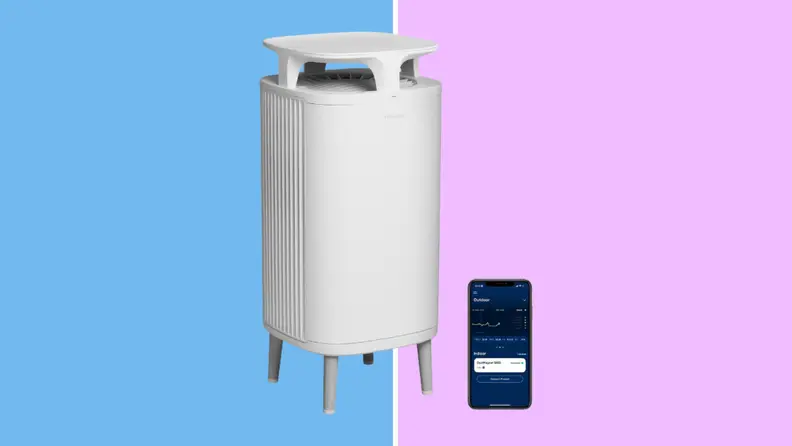 The Blueair Dustmagnet air purifier on a blue and purple background
