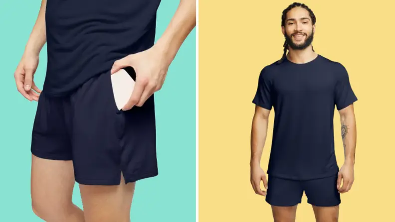 Collage image of a man putting a phone into the pocket of a pair of blue boxers, and a man wearing the same boxers with a matching T-shirt.