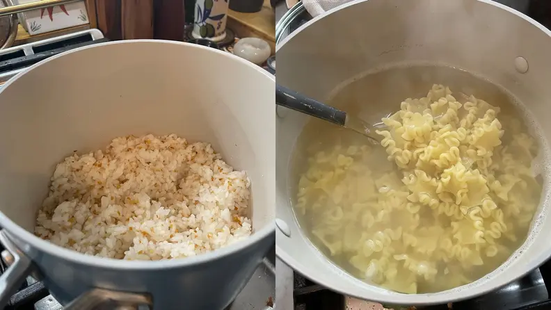 Side-by-side shots of rice being cooked in on of the pots next to another of pasta being boiled.