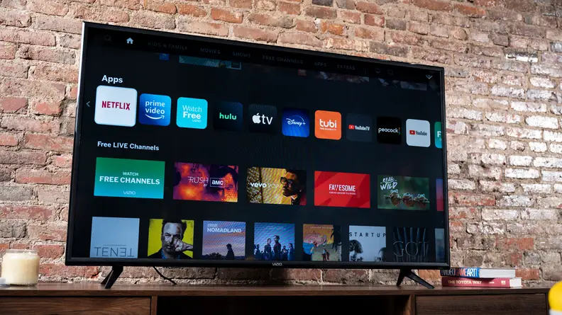 The 2021/2022 Vizio V-Series displaying its smart platform home screen in a living room setting