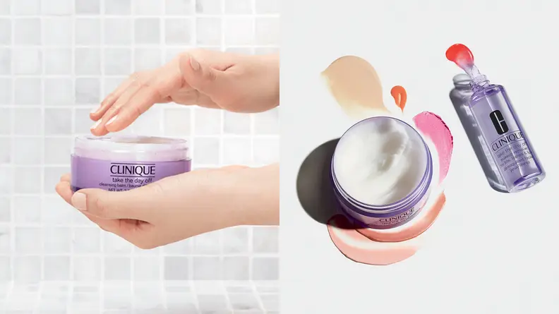 On the left: A hand reaches into the purple jar of the Clinique Take The Day Off Cleansing Balm with shower tiles in the background. On the right: the Clinique Take The Day Off Cleansing Balm jar sits open revealing a white cream. A bottle of Clinique makeup remover sits next to it.