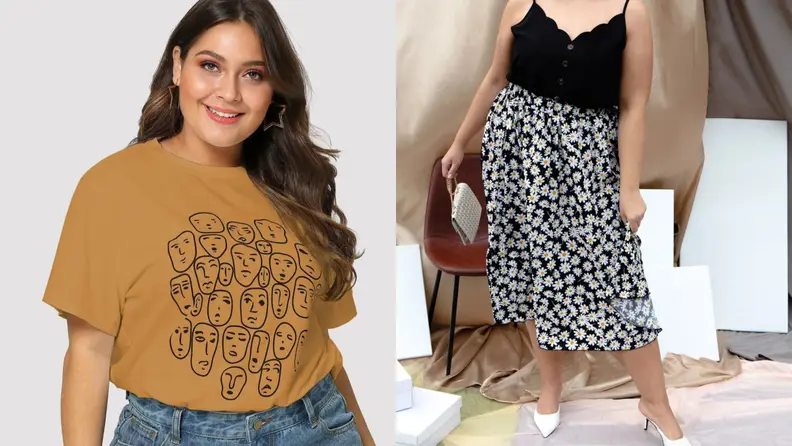 Woman wearing a tan t-shirt next to a woman wearing a black camisole and floral skirt