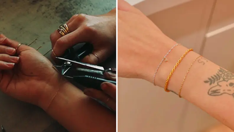 A bracelet being welded on a hand, bracelet on a hand.