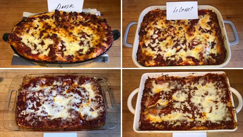 Four lasagnas in four different casserole dishes.