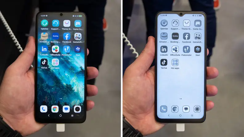 Size by side of the TLC Smartphone displaying full color and in the educed blue spectrum light mode.