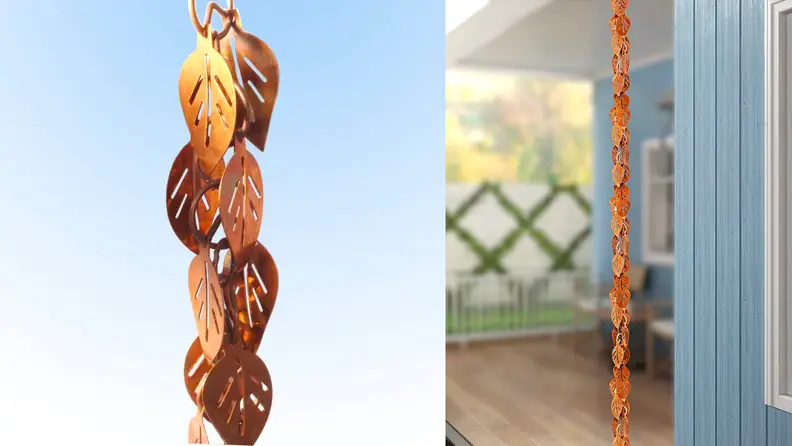 Two images of a copper rain chain hanging on a porch.