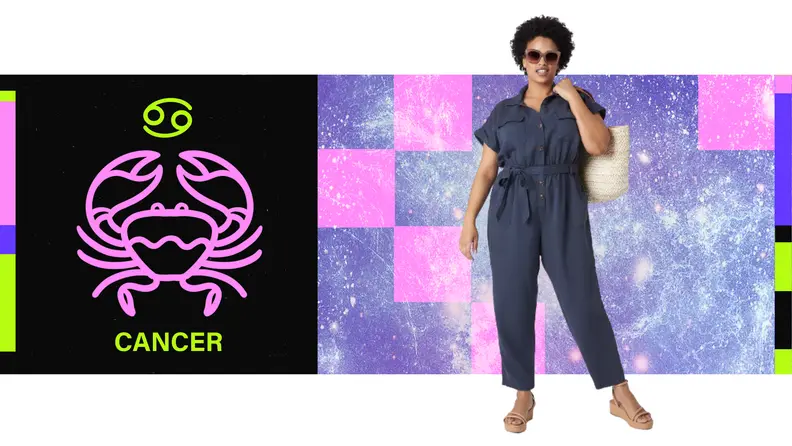 On the left is the symbol for Cancer, and on the right is a model wearing a navy blue jumpsuit.