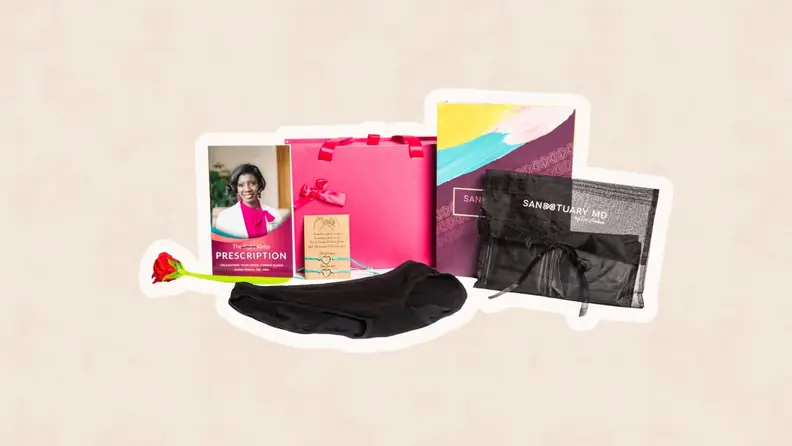 period kit with pads, underwear, a book and pink bag