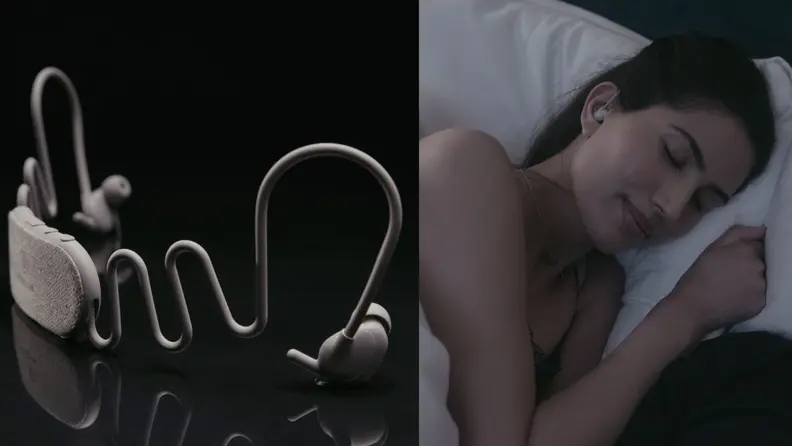 a side by side showing the kokoon earbuds alone, and in someone's ear as they sleep