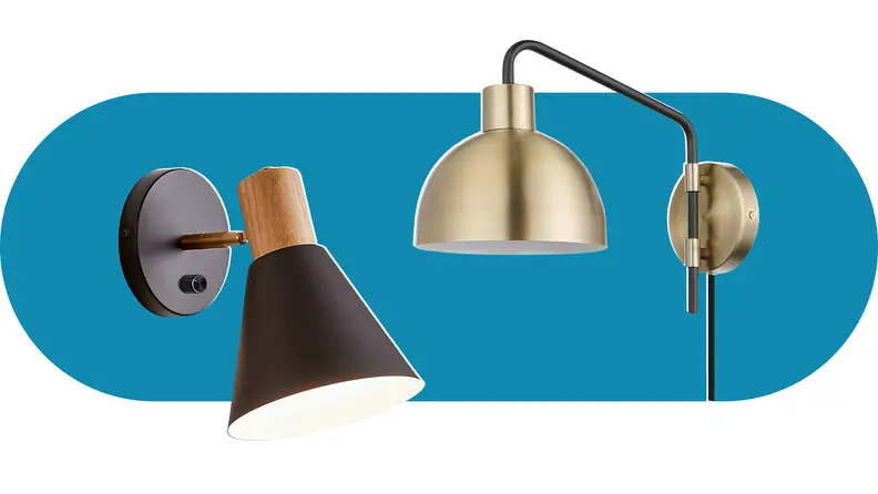 Two wall-mounted lights with one black sconce with wood accents and the other sconce is gold with a movable arm.
