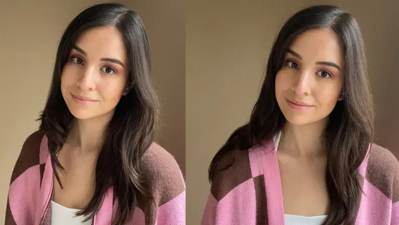 A side by side image of the author wearing without the powder under her eyes (left) and with it (right).