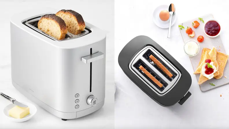 Left: two slices of toast emerging from Zwilling toaster. Right: filled toasted on marble surface shot from above