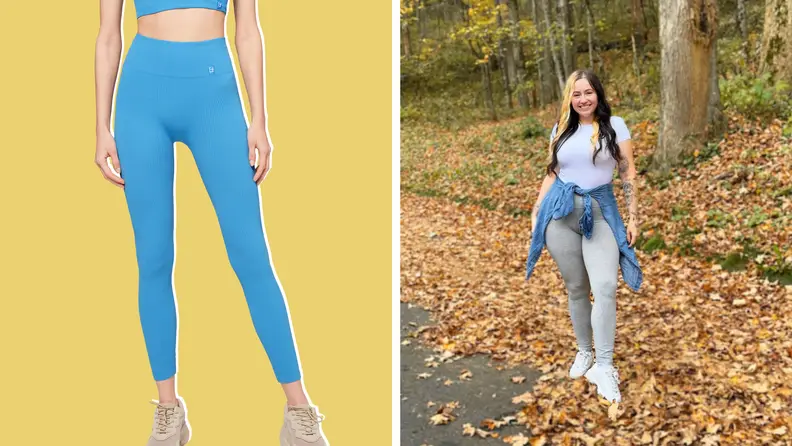 A model wearing blue leggings, and the author wearing gray leggings and a white T-shirt.