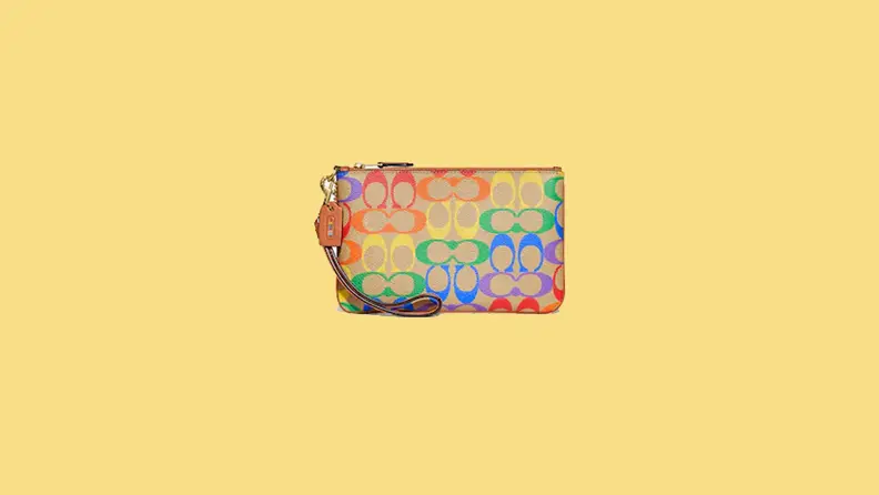 rainbow printed wristlet on yellow background