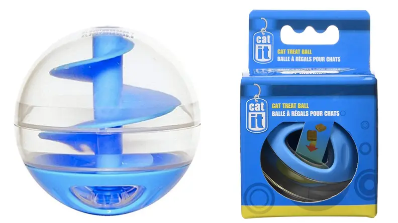 A blue treat ball and the box it came in