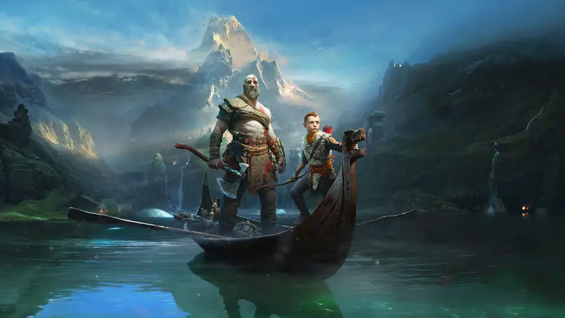 A large and imposing man with a long beard stands in an ancient boat with his young son who stands at the bow
