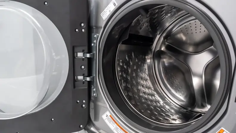 The interior stainless steel drum of the Maytag MHW6630HC front-load washer.