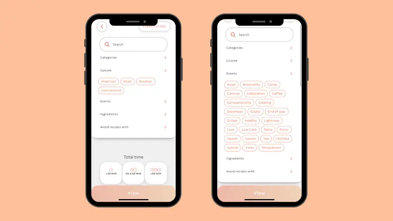 A screenshot of two smartphones displaying the Tramontina app.