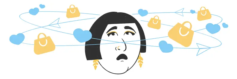Illustration of a woman who looks distressed, clouds of bags and hearts surround her head.