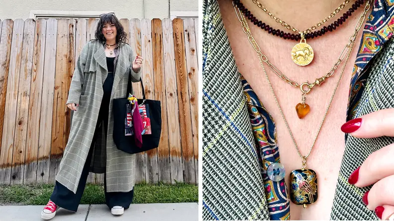 A woman wearing a plaid coat, wide-leg trousers, a plaid shirt, red Converse sneakers, a black tote bag and jewelry.