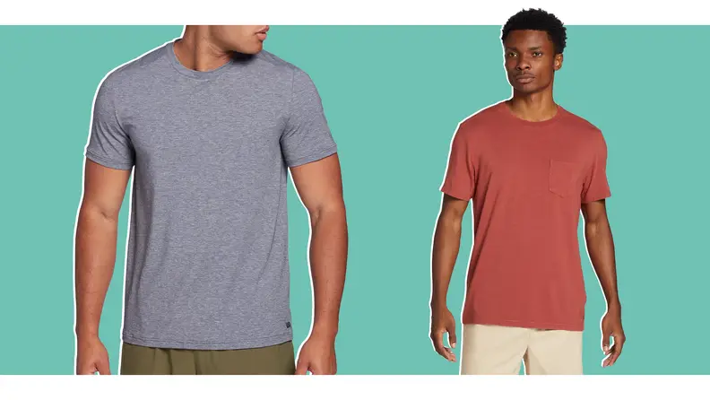 Images of models wearing a blue and red T-shirt.