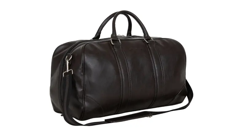 black leather duffel