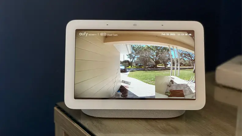 The Google Nest Hub (second-gen) smart display shows a video doorbell live stream