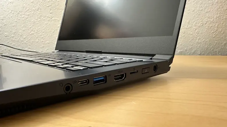 Close-up shot of the two USB-A 3.2 Gen1 ports, one USB-C 3.2 Gen2 port, a Thunderbolt 4 port (USB-C), a single HDMI port on the side of the Origin EON14-S gaming laptop.
