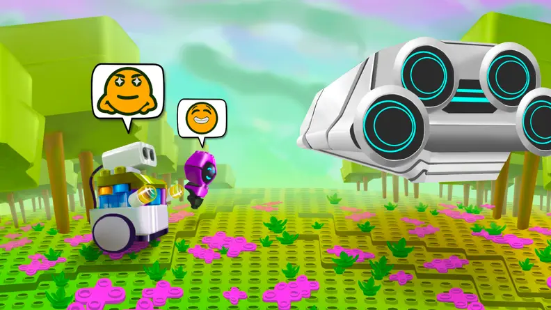Helpful purple robots will aid you on your quest.