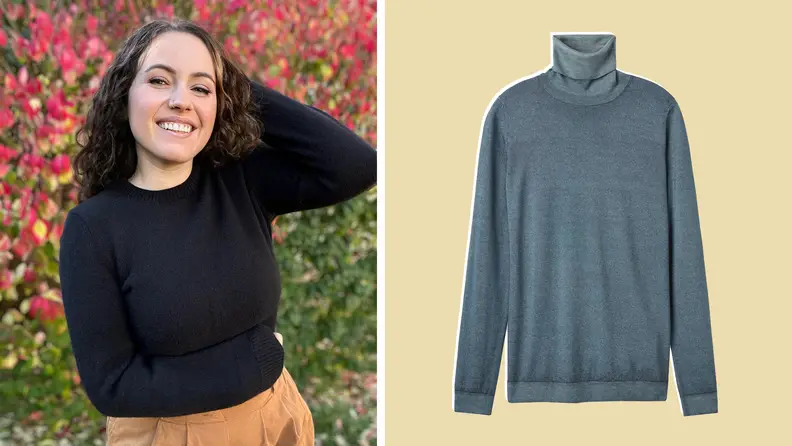 The author wearing a black crewneck sweater, and a product shot of a gray turtleneck.