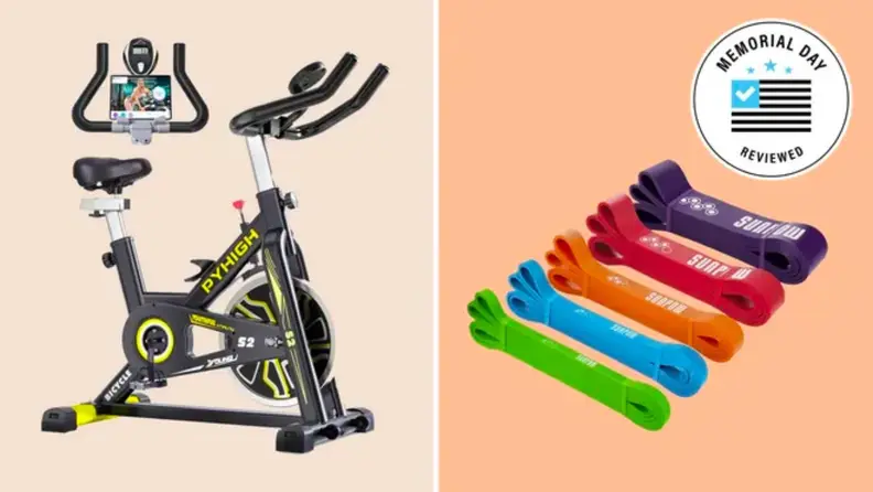 An exercise bike shown next to a fitness bands.