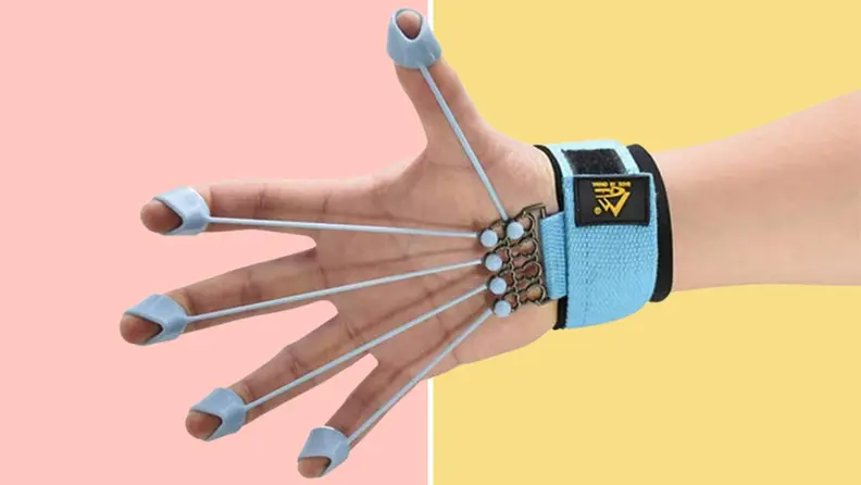 Hand open flat with all fingers attached to the grip strengthener