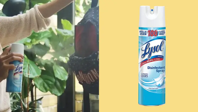 A person spraying a backpack with Lysol spray. A bottle of Lysol spray against a yellow background.