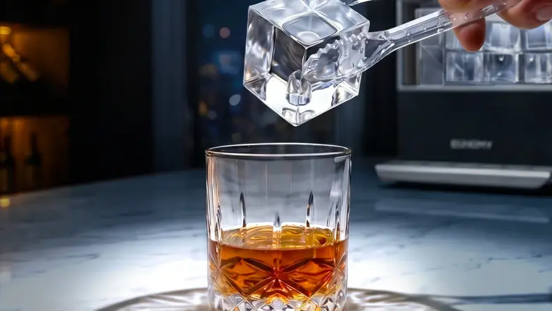 A crystal-clear 2-inch square ice cube held by tongs above a glass of whiskey, with the Euhomy Rock Plus ice maker visible in the background.