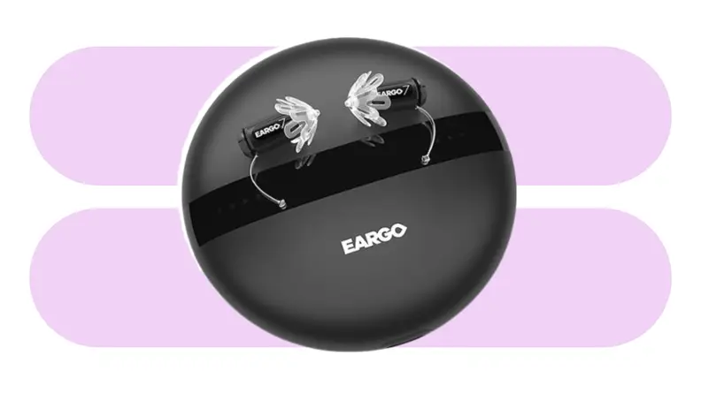 Eargo 7 hearing aids on a blue and white background