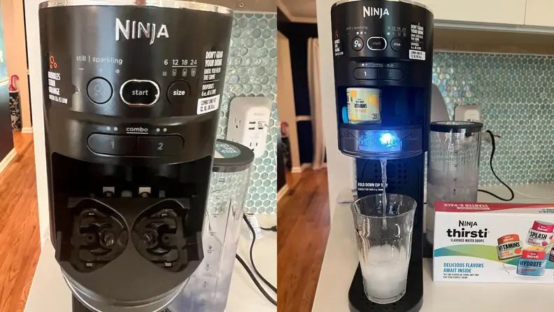 Left: Close-up of Ninja Thirsti control panel. Right: Thirsti brewing a cup of lemon-flavored water.
