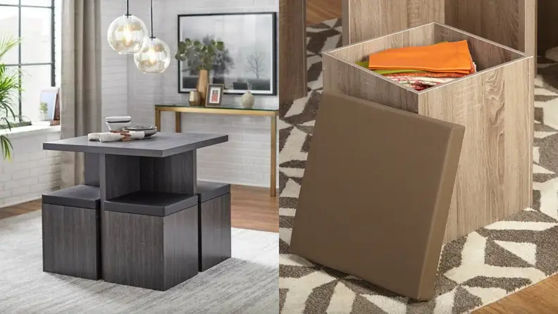 Wooden table with four cube ottoman seats. On left, ottoman seat with top off and cloths inside.