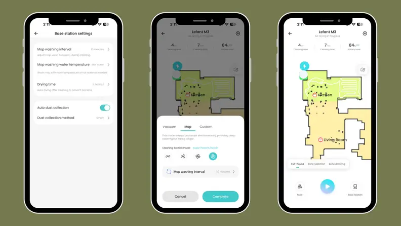 Three phone views of a robot vacuum's app and mapping functions
