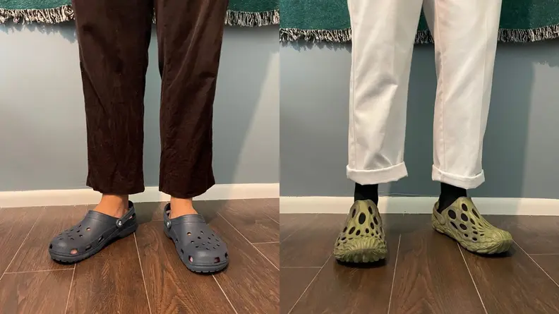man standing in pair of navy Crocs, man standing in pair of green Hydro Mocs
