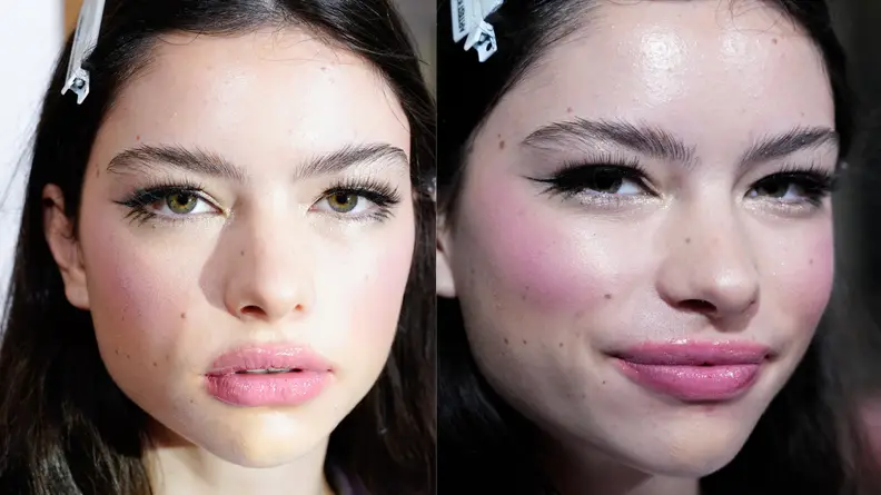 Portrait of a woman getting ready backstage for the Alice + Olivia fall/winter 2024 presentation.