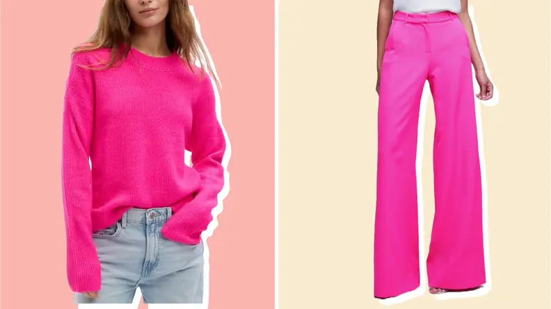 Collage of a pink crewneck sweater and pink flared pants.
