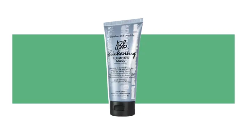 Tube of Bumble and Bumble Thickening Plumping Mask on a green background.