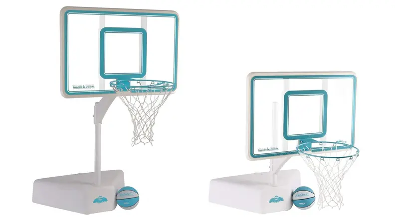 Two Dunn-Rite Splash & Shoot pool basketball hoops, one with a fully extended pole and the other at its lowest height.