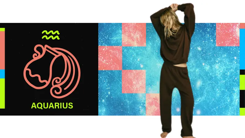 On the left is the symbol for Aquarius, and on the right is a model wearing a matching sweatsuit.