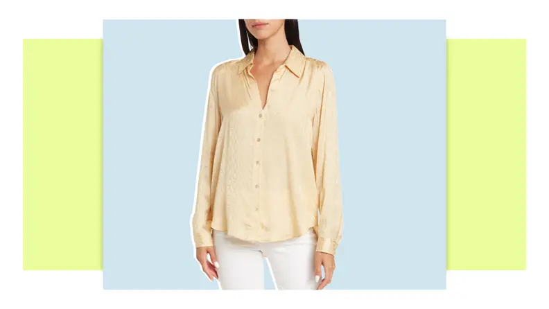 Model wearing tan colored satin shirt.