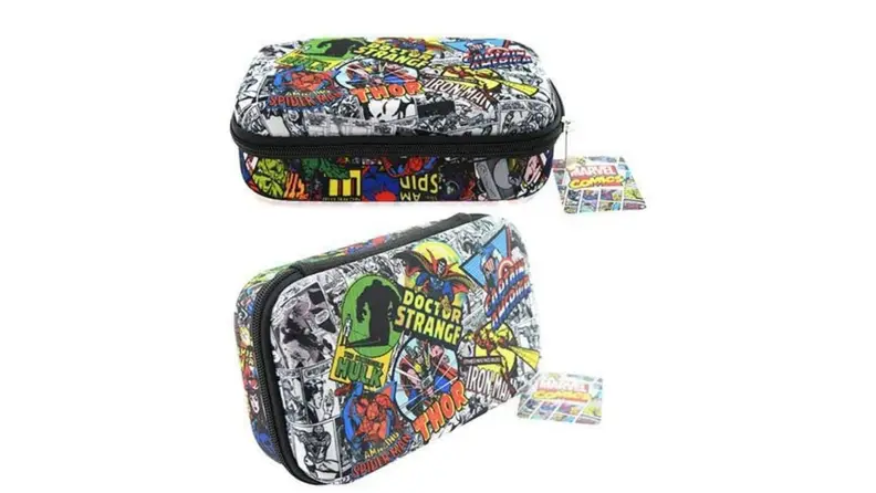 Multi-colored Avengers-themed pencil case.