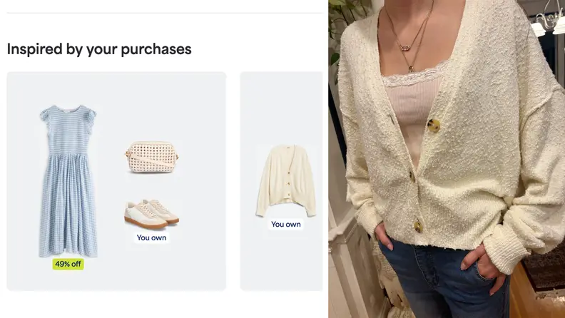 A close-up of a white cardigan, and also a screenshot from the Stitch Fix website.
