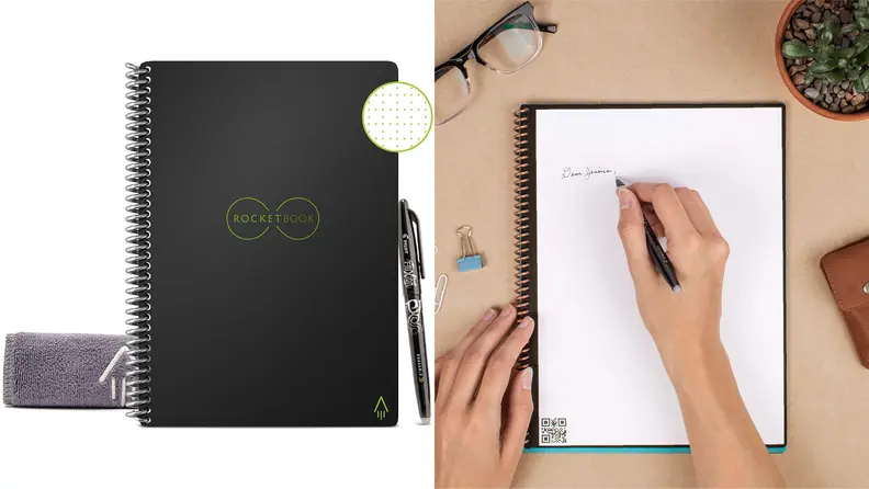 Rocketbook on white background / Person writing a note on the Rocketbook on a desk.