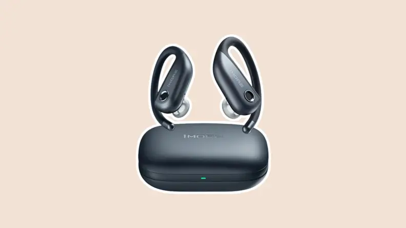 A pair of 1More Fit Open Earbuds S50 shown with their charing case.